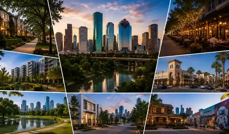 Houston's best neighborhoods for visitors featuring downtown, luxury shopping, dining, parks, arts districts, and scenic streets.